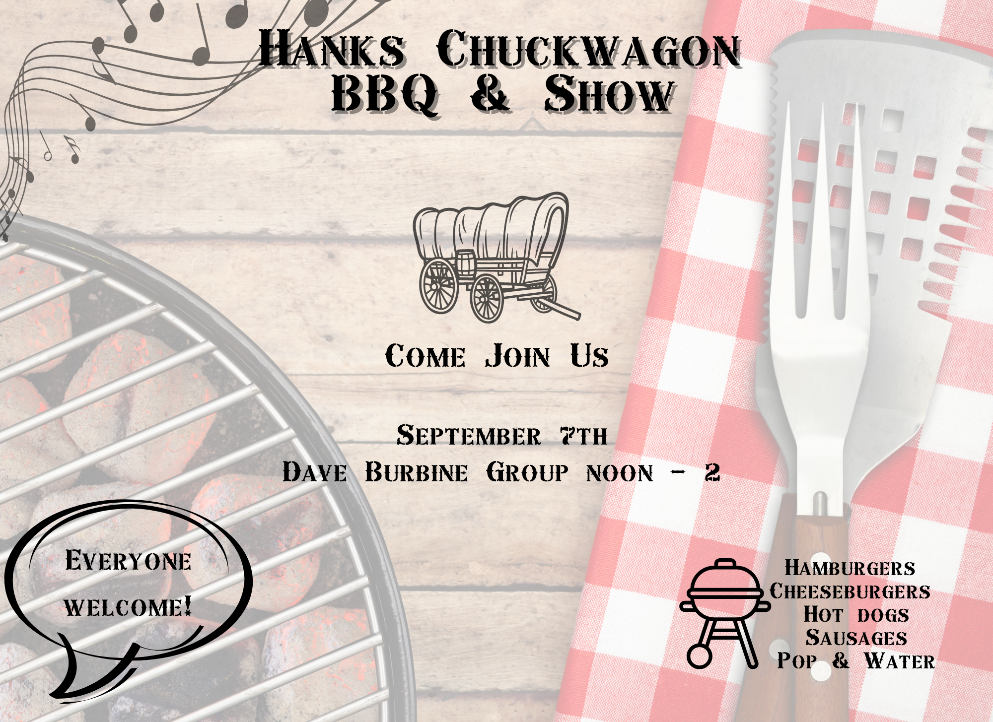 WEDNESDAY SEPT 7TH  BBQ & SHOW  FEATURES  DAVE BURBINE GROUP NOON – 2PM